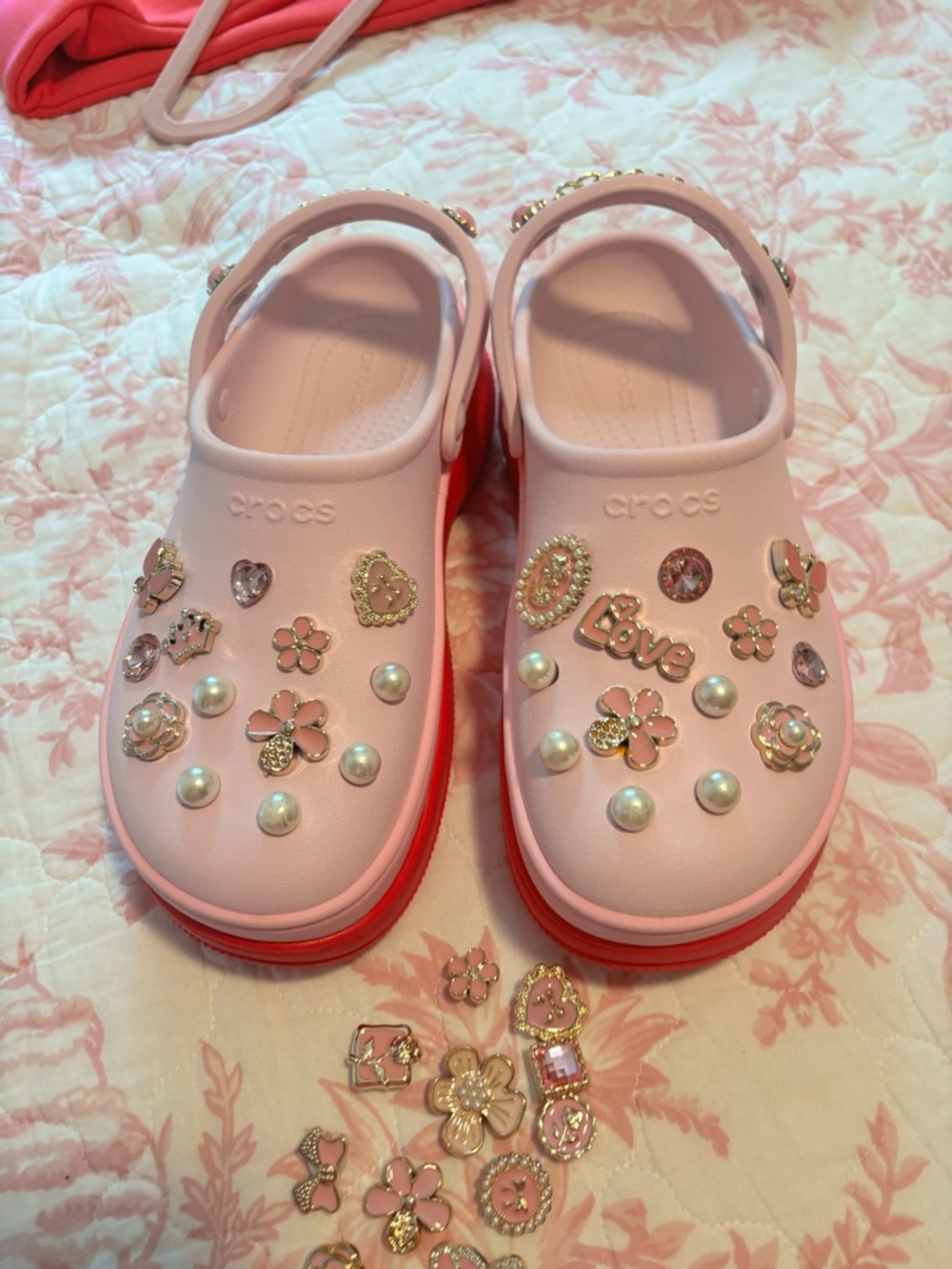 CROCS women’s Pink Pearl & Charm-Embellished Clogs with Hot Pink Soles